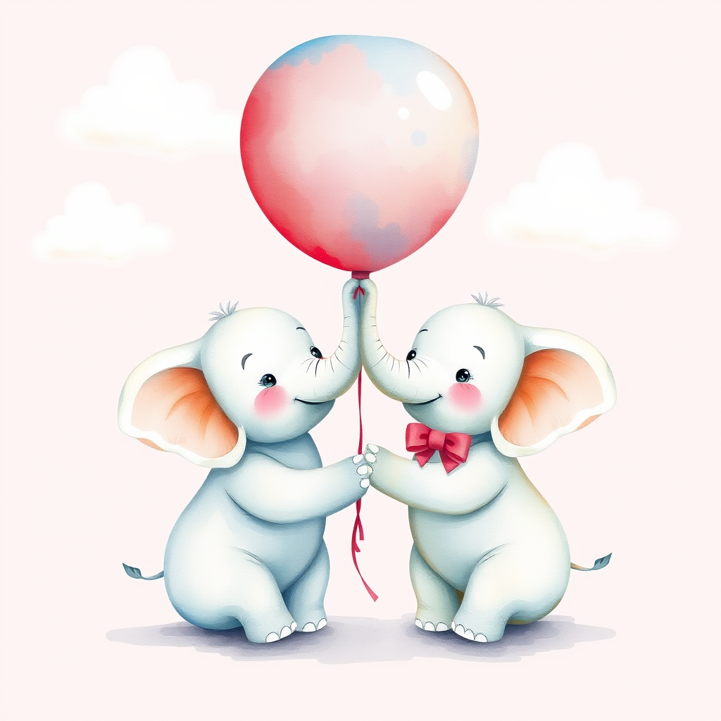 Create a watercolor illustration of two cute elephants sharing a balloon with a pastel pink background and fluffy clouds, using a Canon EOS 5D Mark IV with a 50mm lens, f/1.8 aperture, ISO 100, and soft natural lighting to enhance colors and details.