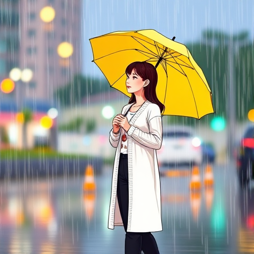 Create a high-resolution image of a woman standing in the rain holding a yellow umbrella, wearing a white long cardigan and black pants, in a vibrant, cartoon style, taken with a DSLR camera at f/2.8 aperture, 50mm lens, and a 1/250s shutter speed for sharp detail and bright colors.