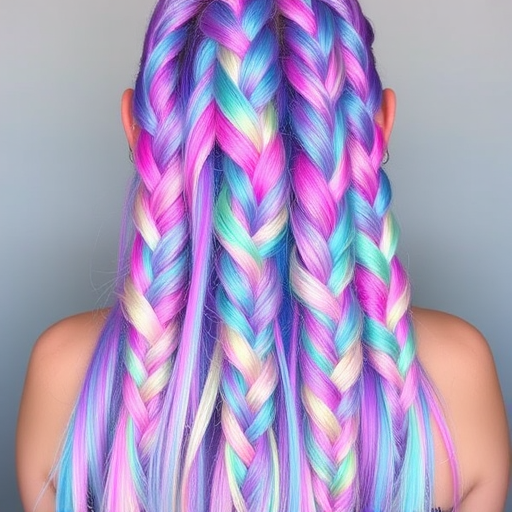 Holographic pastel rainbow hair in long, mermaid-inspired braids, called "Prismatic Fantasy," with each plait seamlessly blending multiple iridescent hues