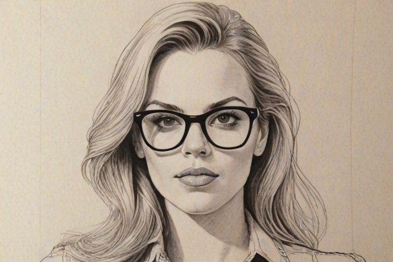 Enticing Agnes Bruckner, pencil sketch, portrait of Stunning woman 1976s in glasses, hair style beatnik, outline, clear lines, fine lines, 8k