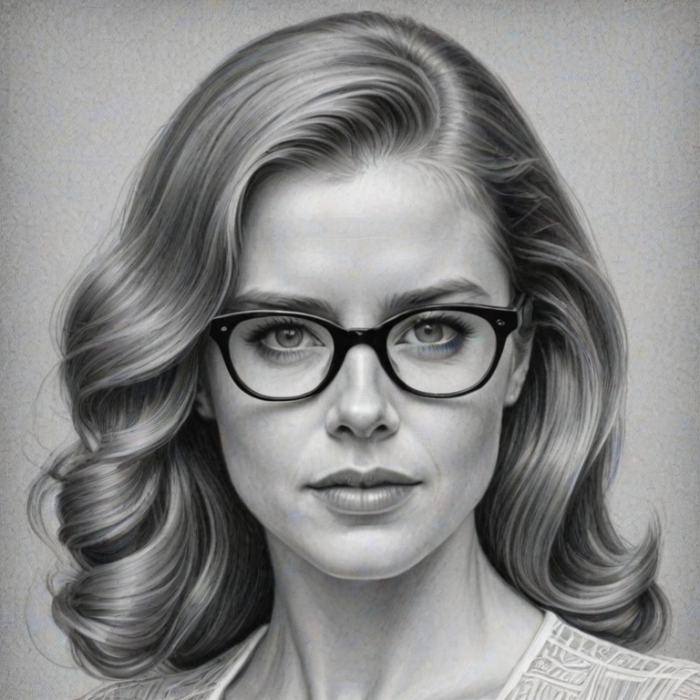 Charming Amy Adams, pencil sketch, portrait of Graceful woman 1949s in glasses, hair style beatnik, outline, clear lines, fine lines, 8k