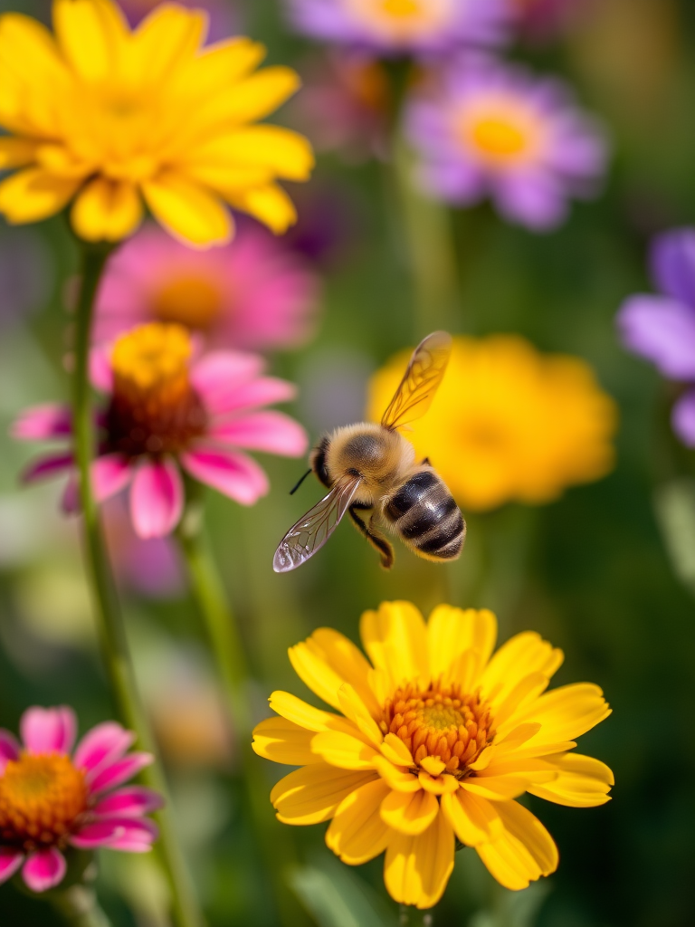 macro shot of a bee hovering near colorful flowers with a blurred background, f/2.8 aperture, 1/500 second shutter speed, ISO 200, natural light, DSLR camera, 50mm lens, focused on the bee and flowers to enhance depth of field.