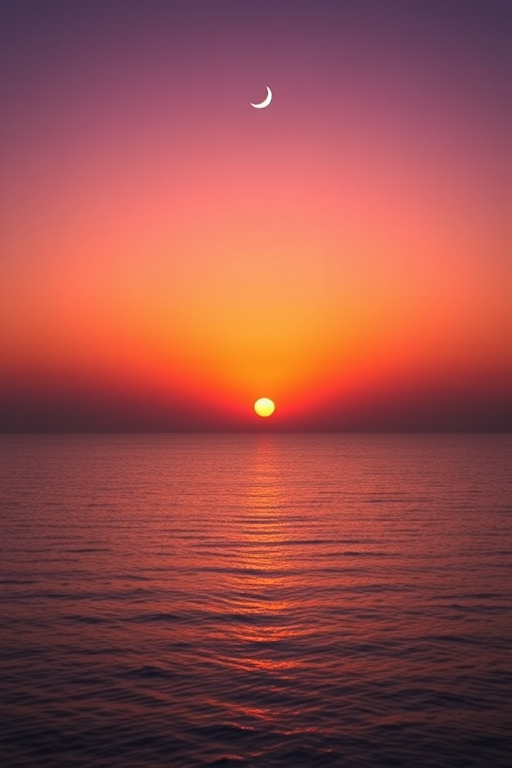 generate a serene sunset over calm waters with a crescent moon in the sky, using a wide-angle lens at f/8, ISO 100, 1/125 sec exposure, shoot in landscape orientation with a DSLR camera to enhance image quality and vibrant colors
