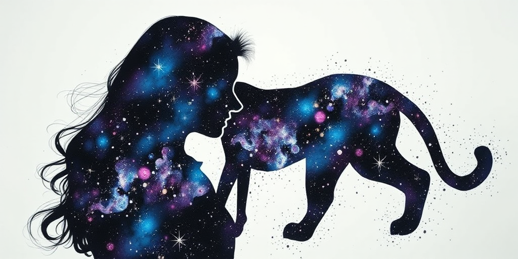 Captivating conceptual render alcohol ink art, double exposure, the paint strokes artfully merge combining a woman's full silhouette with a Sprightly serval's silhouette. The figures are composed of a series of colored dots, lines & spots that evoke the image of a cosmic galaxy, colors are deep shades of blue purple & black with flashes of white & silver representing distant stars. The woman's silhouette is formed within the lion's silhouette from constellations of scattered stars, surreal