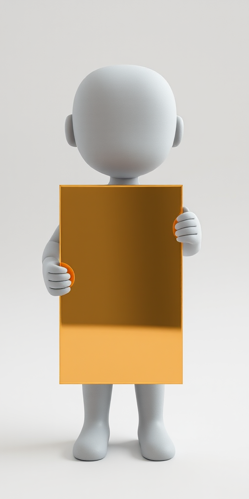 Create a 3D render of a humanoid figure with a smooth, featureless surface holding a shiny gold rectangular panel in a minimalist white background, using a DSLR camera set to f/2.8 aperture, ISO 100, 50mm lens, shooting from a low angle with soft lighting to enhance reflections and textures.