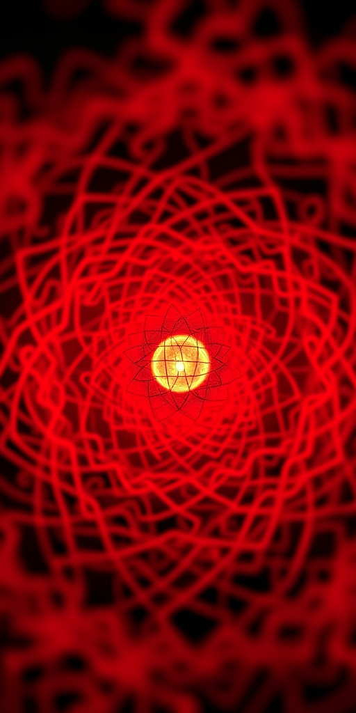 create an abstract image featuring a central glowing red orb surrounded by intricate, swirling red patterns using a DSLR camera with a 50mm lens at f/1.8, ISO 100, and a shutter speed of 1/60s, captured from a high angle view with a soft focus for a dreamlike effect