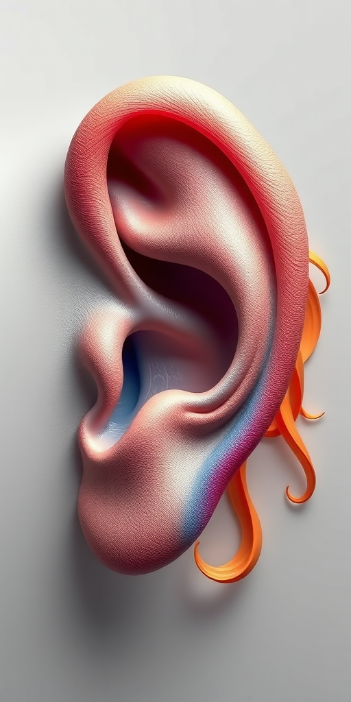 Create a detailed 3D rendering of a surreal ear with flowing colors, using a Canon EOS R5 with a 50mm f/1.2 lens, aperture set to f/2.8, ISO 100, shot in a studio with softbox lighting and a neutral background to enhance depth and detail.
