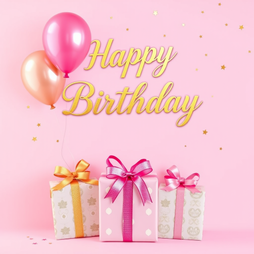 Create a birthday card design featuring colorful balloons in shades of pink and gold against a soft pink background. Include three beautifully wrapped gifts at the bottom with decorative ribbons and patterns. The text "Happy Birthday" should be elegantly written in a gold font at the top, surrounded by small stars and confetti elements for a festive touch.