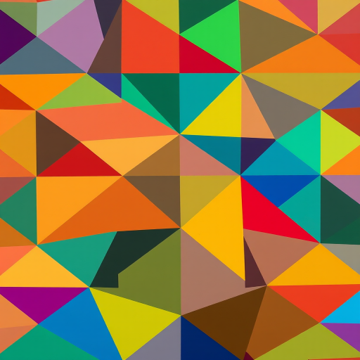 Create a vibrant abstract geometric pattern of colorful triangles arranged in a diagonal layout with high saturation, using a Canon EOS R5 at f/8, ISO 100, and a 24mm lens from a top-down view to enhance clarity and detail.