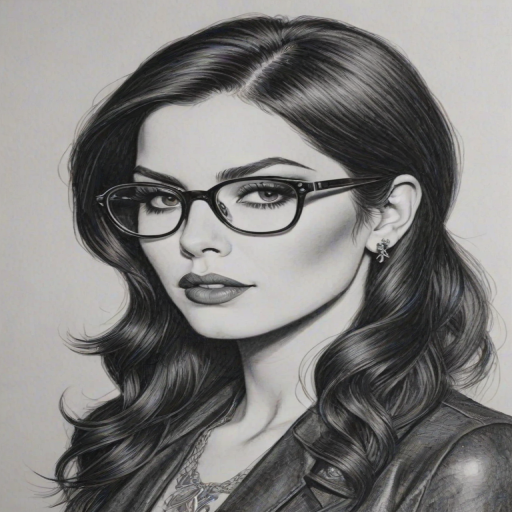 Dazzling Kat Von D, pencil sketch, portrait of Resplendent woman 1967s in glasses, hair style beatnik, outline, clear lines, fine lines, 8k