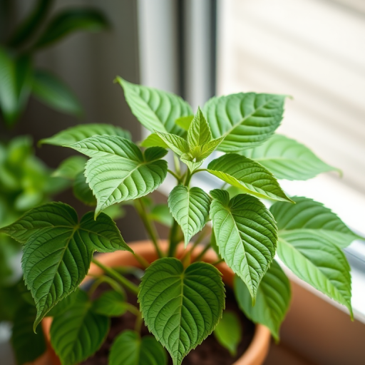 Create a high-resolution image of a green potted plant with multiple lush leaves, captured with a DSLR camera at f/2.8 aperture, 50mm lens, ISO 100, in soft natural light, from a slightly elevated angle with a shallow depth of field.