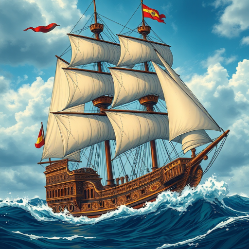 a detailed illustration of an ornate sailing ship in a dynamic sea setting, captured with a Canon EOS R5, 50mm lens, f/1.8 aperture, ISO 100, 1/200 sec shutter speed, high dynamic range, in a vibrant color palette, emphasizing textures and intricate designs of the ship's sails and rigging