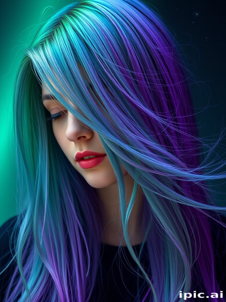 Mystical image of a person with Aurora Borealis locks, shimmering greens and purples in a long, straight cut with wispy, floating tendrils