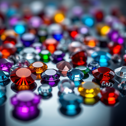 create a high-resolution image of various colorful gemstones scattered on a reflective surface using a macro lens with f/2.8 aperture, ISO 100, 1/250s shutter speed, soft lighting, and a slight tilt-shift effect for depth.