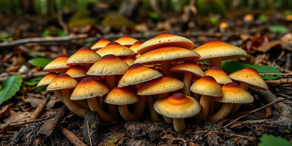 Regenerate the image of clusters of mushrooms with varying sizes and shapes in a forest setting, using a DSLR camera at f/2.8 aperture, ISO 100, with a 50mm lens, taken from a low-angle view to highlight the details and textures under soft natural lighting.