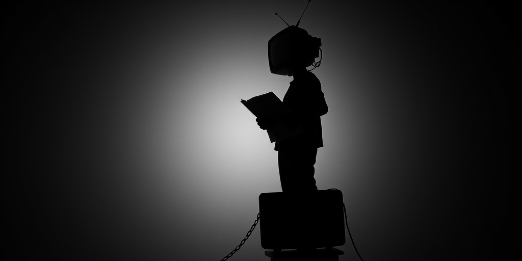 A silhouette of a person with a television on their head, holding a newspaper, standing on a chain tethered to an old TV set, captured with a Canon EOS R5, 50mm lens, f/2.8 aperture, ISO 100, 1/200s shutter speed, natural lighting, high contrast black and white style.
