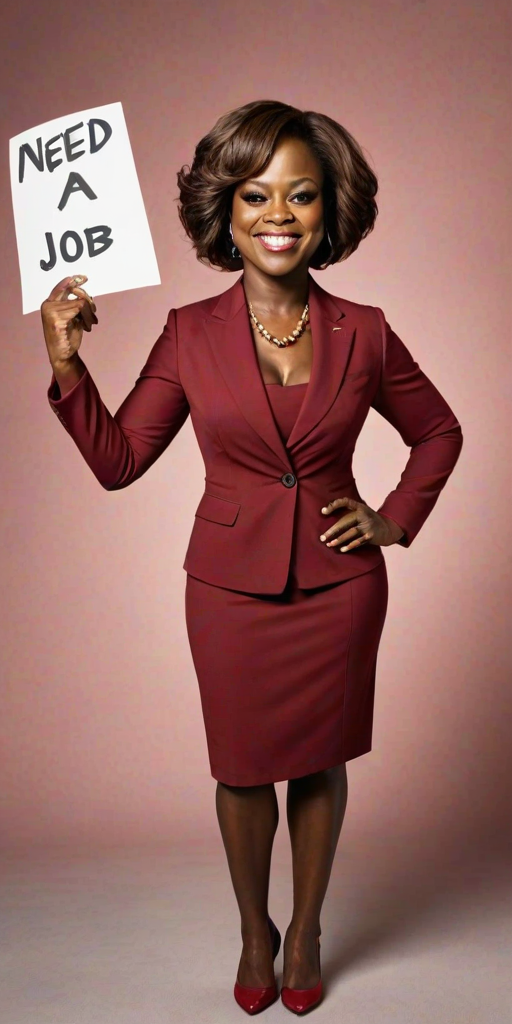 caricature of a smiling Viola Davis in a Carmine dress or suit, holding up a sign that says "NEED A JOB", no watermark,