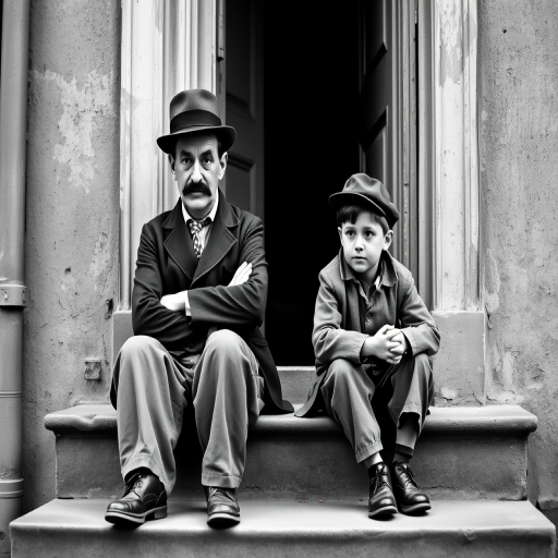 A black-and-white photograph of a man and a child sitting on steps in front of a doorway. The man is dressed as a tramp with a bowler hat, mustache, and ragged clothes, reminiscent of Charlie Chaplin's iconic look. He is sitting with his arms crossed and an expression of slight sadness or frustration. Next to him is a young boy, also in worn clothes and a cap, sitting with his hands clasped, looking thoughtful. The background is an old, textured wall and a partially open door, creating a vintage, early 20th-century atmosphere.