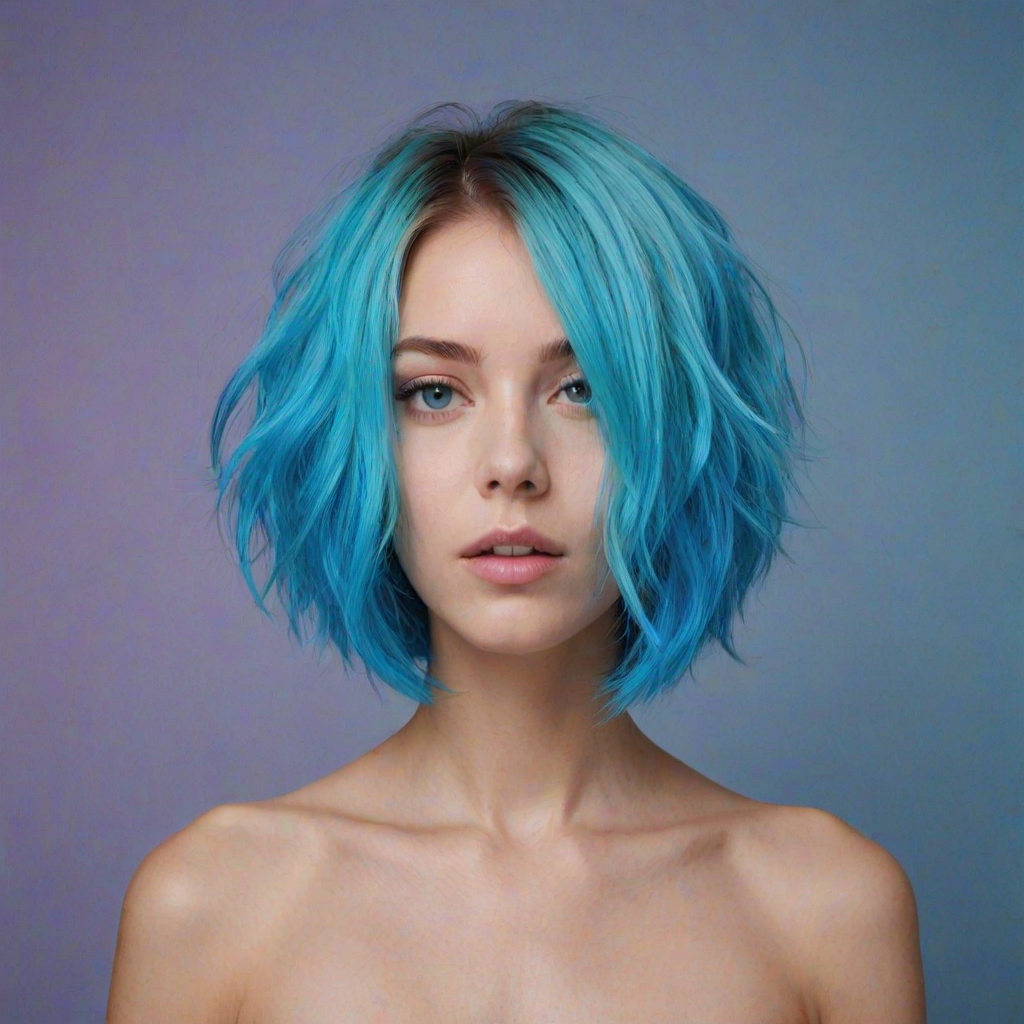 Image of a person with their hair styled upright,  in a cylinder shape. The hair  color is neon blue and appears to be held in place by a hair product, giving it a fluffy texture. The background is nondescript, and the person's face is looking at the viewer nervously.
