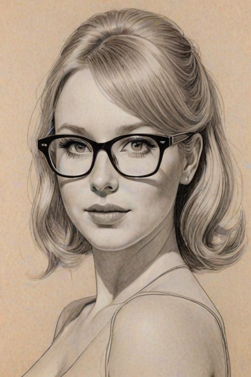 Magnificent Molly C. Quinn, pencil sketch, portrait of Attractive woman 1965s in glasses, hair style beatnik, outline, clear lines, fine lines, 8k