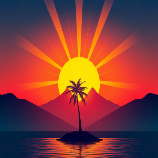 Create a vibrant circular illustration of a sunset with bold rays emanating from a large sun over two silhouettes of mountains, a palm tree in the foreground, and a reflective water surface, using a DSLR camera with a 50mm lens, aperture f/8, ISO 100, shot at sunrise with a low-angle perspective and a soft focus background.