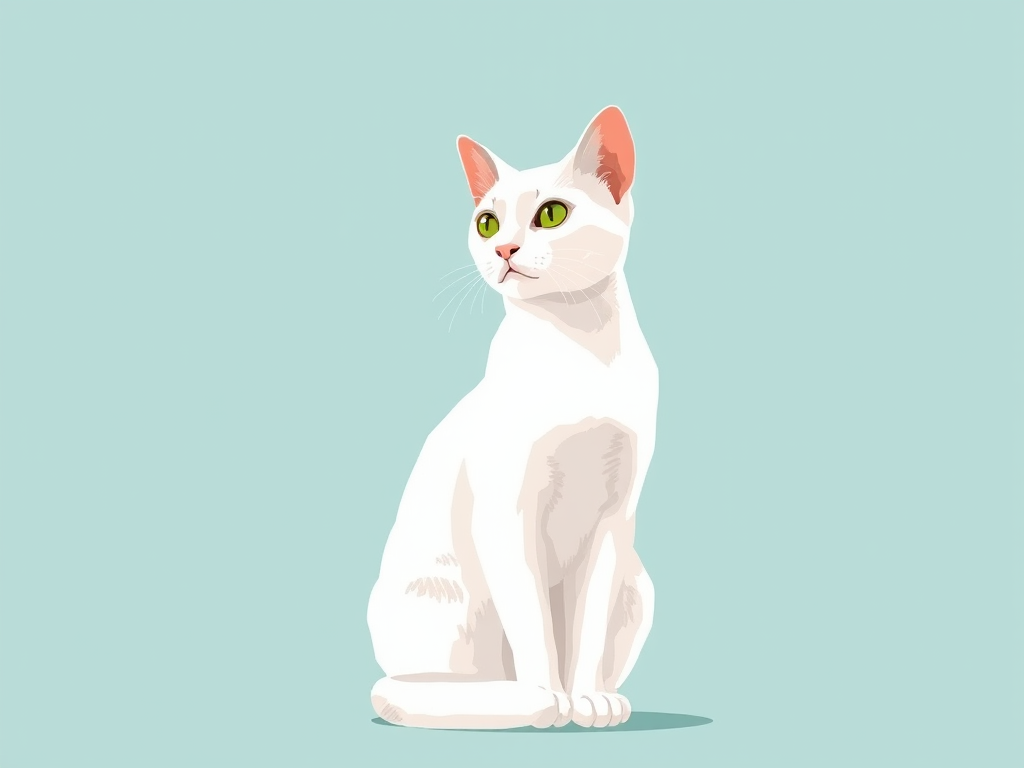 Regenerate a minimalist illustration of a white cat sitting against a soft teal background, using a Canon EOS R5 with a 50mm f/1.2 lens, aperture set to f/2.8, ISO 100, and soft diffused lighting for enhanced clarity and depth.