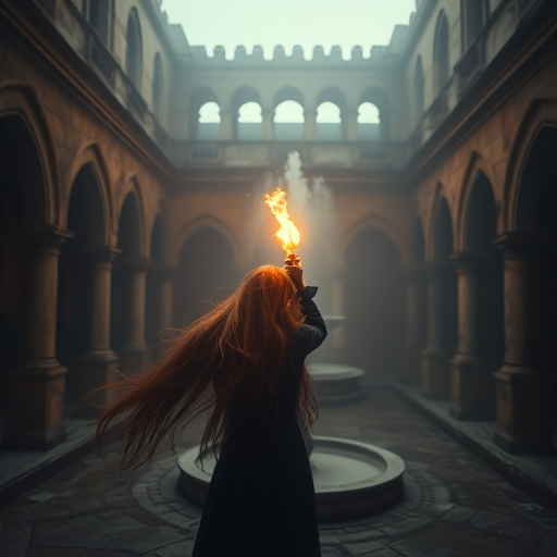 Create an image of a mysterious woman with long flowing hair holding a glowing torch in an ancient, misty courtyard with a fountain, using a Canon EOS R5, f/1.4 aperture, ISO 200, 35mm lens, shot in soft morning light, with a cinematic style.
