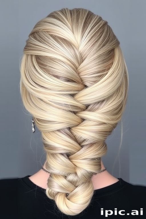 Elegant ash blonde French twist with silver lowlights, created by Greta Silverstone, exhibiting a smooth, polished finish and intricate braided details wrapped around the base