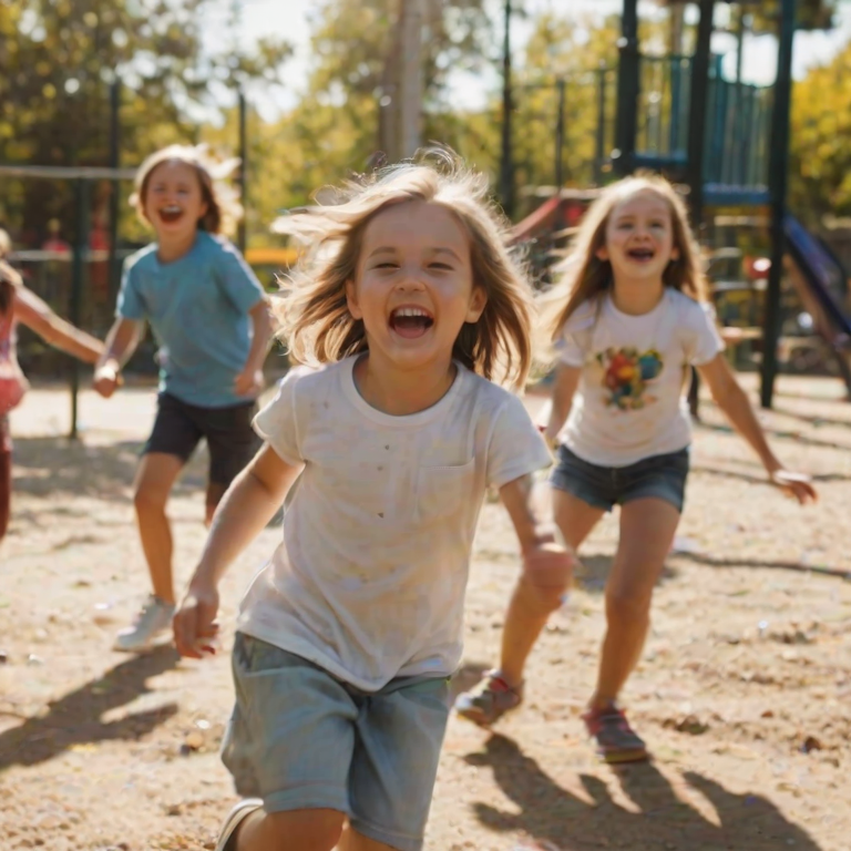 Blurry candid shot of a group of children laughing and playing in a playground, swings in motion, colorful slides gleaming in the sun, and a joyful atmosphere.