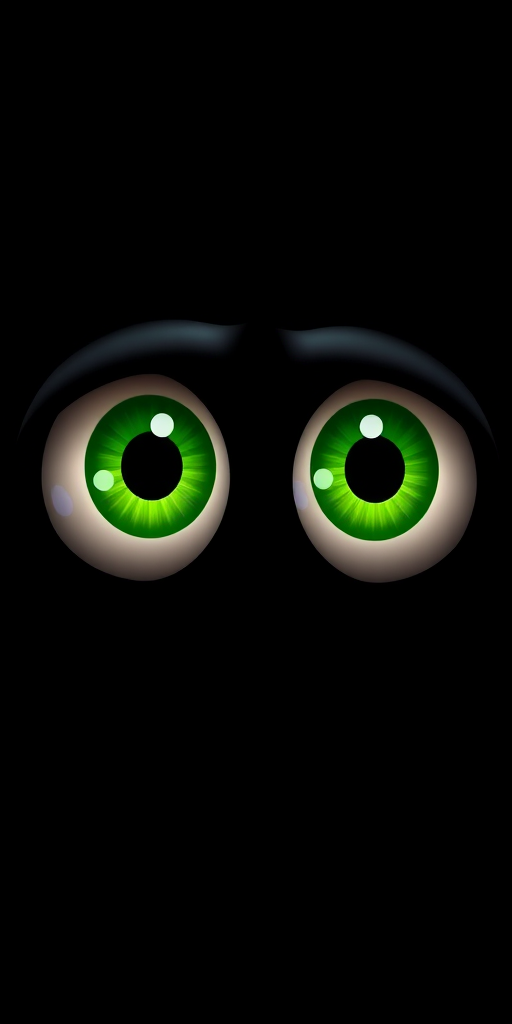 Create a high-resolution image of large, cartoonish green eyes set against a black background, using a DSLR camera with a focal length of 50mm, aperture set to f/2.8, and a slight bokeh effect for depth.
