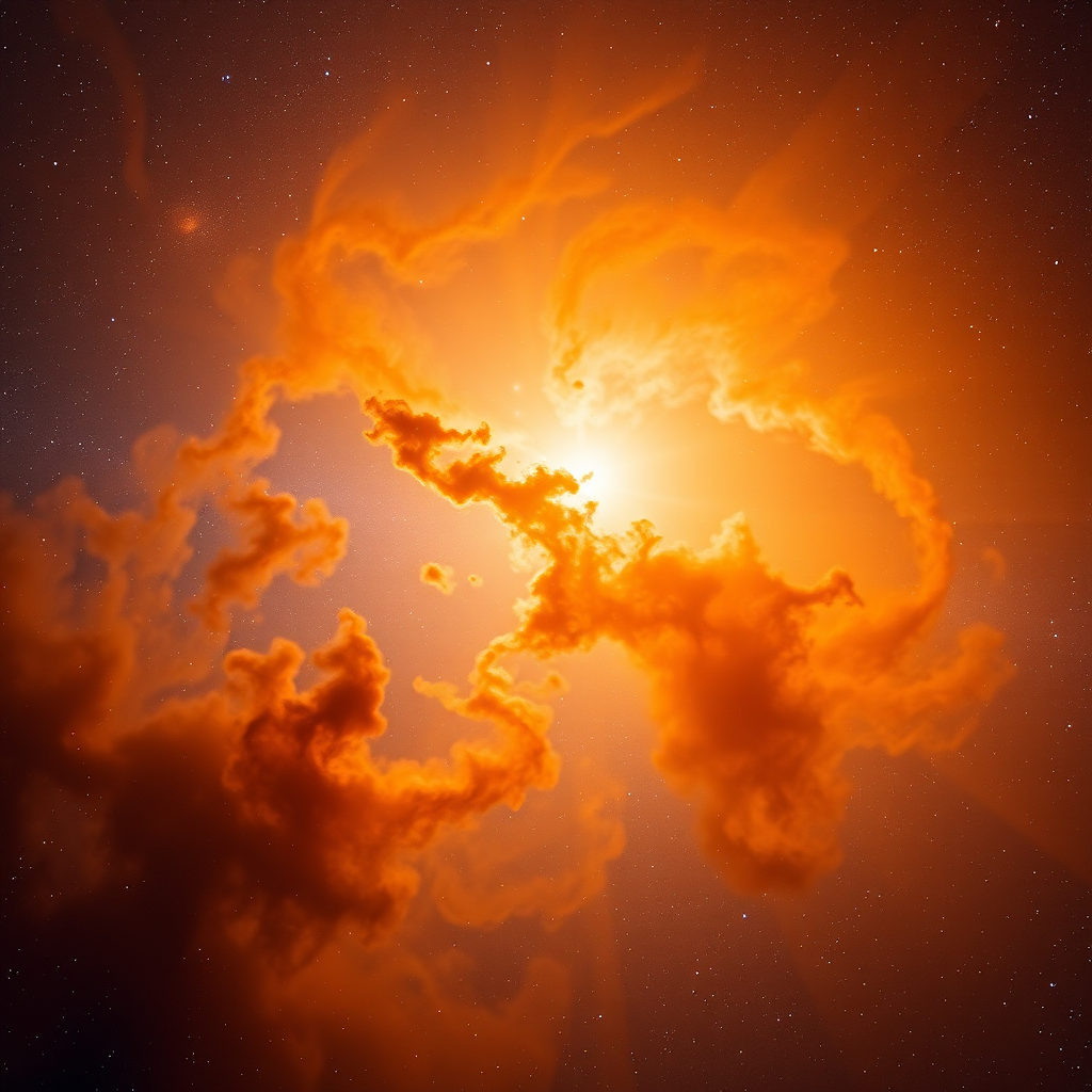 high-resolution image of a vibrant cosmic nebula with swirling clouds of orange and golden hues, taken with a Canon EOS R5, 24mm lens, f/2.8 aperture, ISO 800, 1/100s shutter speed, in astrophotography style, with a wide-angle view to capture the expansive depth of space