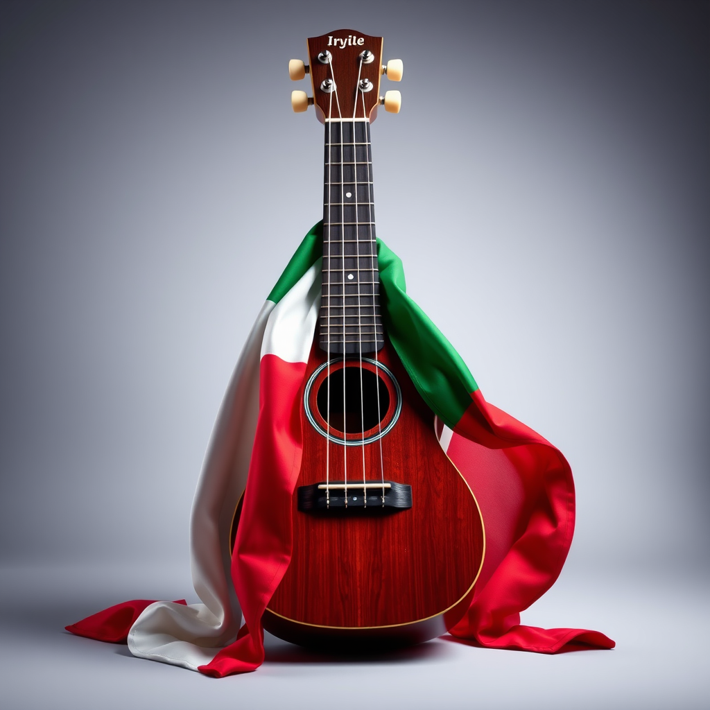 create an illustration of a ukulele with an Italian flag draped over it, vibrant colors, high resolution, shot with a DSLR camera at f/2.8 aperture, 50mm lens, in a well-lit studio setting to enhance detail and clarity