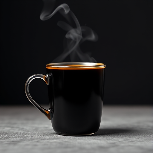 Create a high-resolution image of a steaming black coffee mug on a simple background, using a DSLR camera with a 50mm lens, aperture f/2.8, ISO 100, 1/125 sec shutter speed, taken from a slightly elevated front angle for a warm, inviting atmosphere.