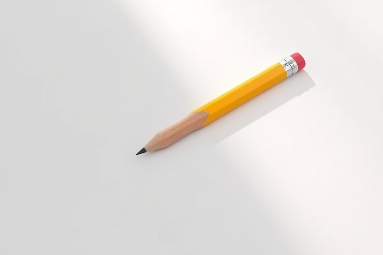 Create a realistic 3D rendering of a sharpened yellow pencil lying diagonally on a smooth surface with soft shadows, using a DSLR camera with a 50mm lens at f/2.8, ISO 100, and a focal length of 50mm for enhanced detail and clarity.
