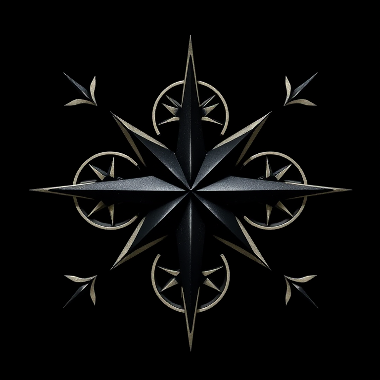 Generate a high-resolution abstract design of five stylized compass rose shapes arranged dynamically on a black background, captured with a DSLR camera at f/8 aperture, ISO 100, 50mm lens, shot from a top-down view for enhanced depth and clarity.