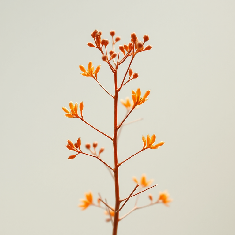 regenerate a single sprig of a plant with slender branches and small, leaf-like structures in warm shades of brown and orange on a transparent background