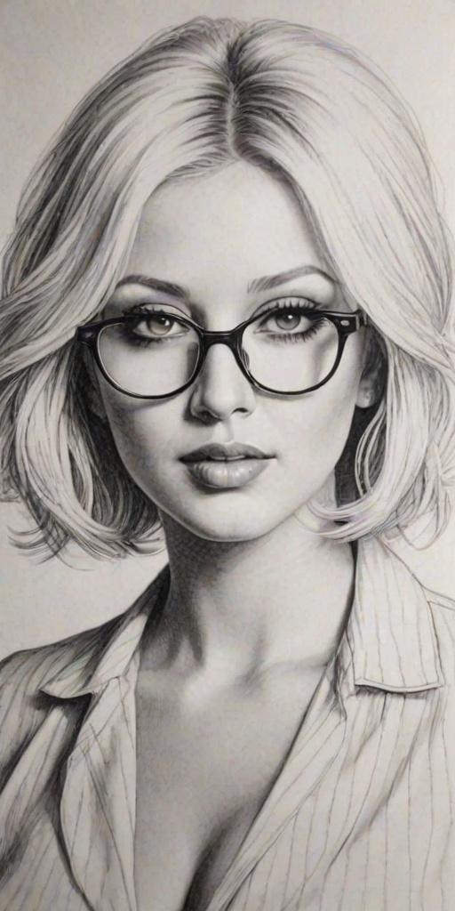 Appealing Christina Aguilera, pencil sketch, portrait of Enticing woman 1929s in glasses, hair style beatnik, outline, clear lines, fine lines, 8k