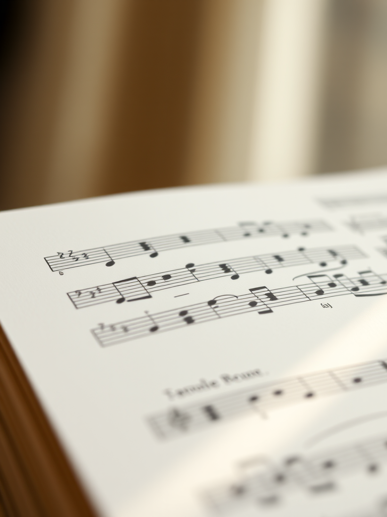 high-resolution close-up of music sheet displaying notes with soft bokeh background, 50mm lens, f/2.8 aperture, ISO 400, natural lighting, DSLR camera