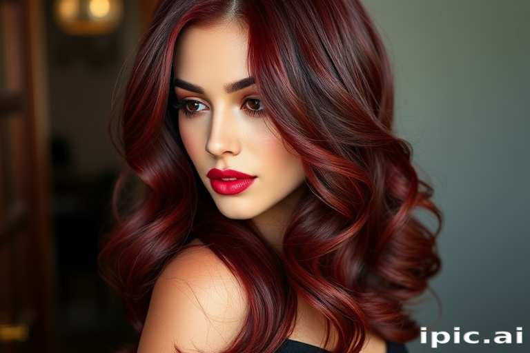 Deep burgundy hair styled in glamorous Old Hollywood waves with a deep side part exemplifies the classic "Vintage Velvet" look, incorporating subtle mahogany lowlights and a high-shine finish that adds depth and richness to the luxurious, ruby-red hues, evoking a sense of timeless elegance and sophistication