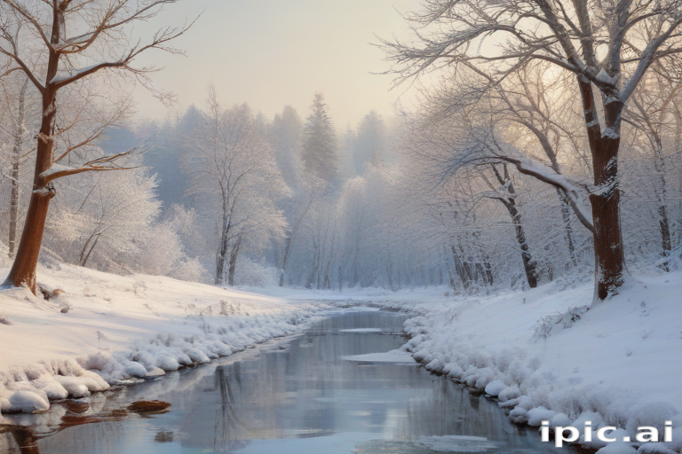 A Serene Winter Landscape with Snow-Covered Trees and a Tranquil Stream.