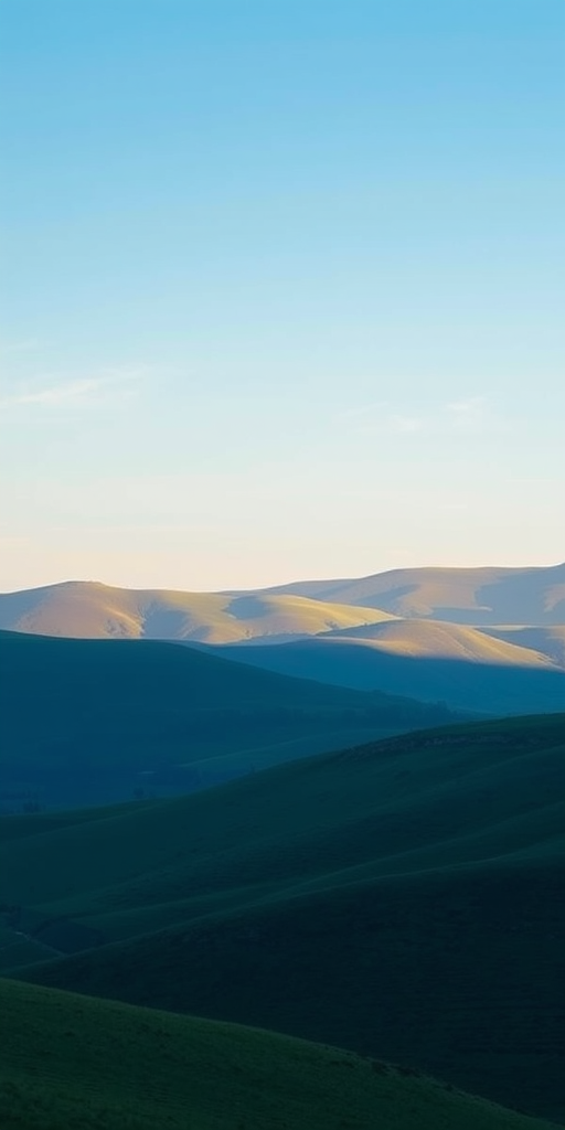 Create a high-resolution image of a serene landscape with rolling hills under a clear blue sky, shot with a Canon EOS R5 at f/8, 1/125 sec, ISO 100, in landscape mode with a wide-angle lens.