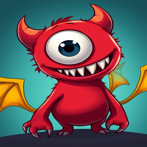 Create a cartoon-style illustration of a red monster with one large eye, sharp teeth, and yellow bat-like wings, using a Canon EOS 5D Mark IV camera, f/8 aperture, 24mm lens, and a vibrant color palette, focusing on high contrast and clarity.