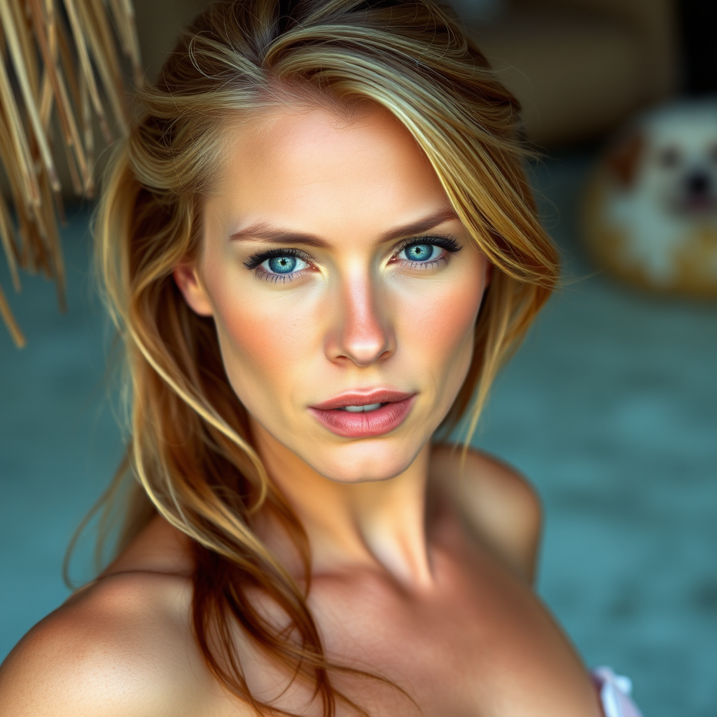 Exquisite younger version photo of Nicole Kidman with light tanned skin, a small nose, and soft pink lips. She has perfect body and wears a strapless Pine bikini. She has a big female bosom with push-up.
