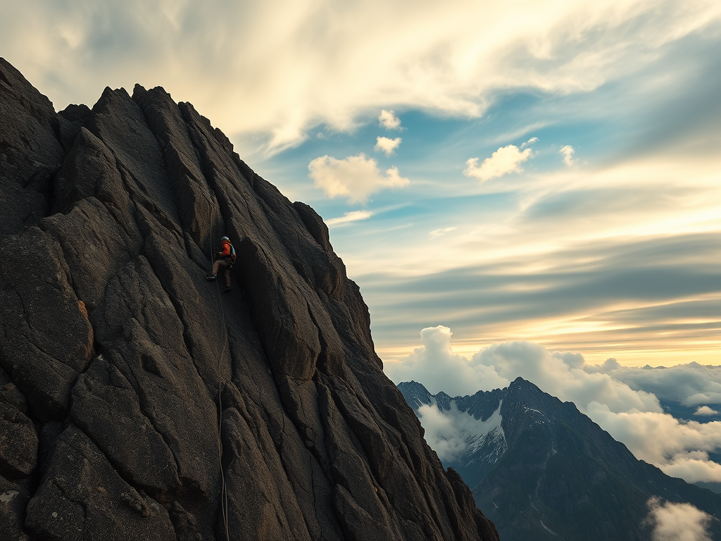 Mountain climber scaling a steep rock face with a dramatic sky in the background, captured with a Canon EOS R5, 24mm lens, f/8 aperture, ISO 100, shutter speed 1/500 sec, wide-angle view, high-resolution photograph.