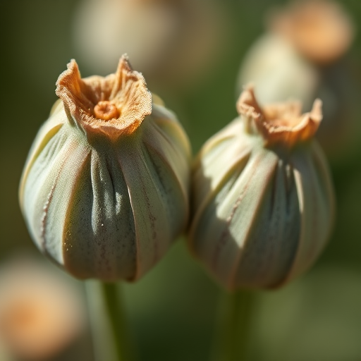 close-up of poppy seed pods with detailed textures and soft bokeh background, aperture f/2.8, shutter speed 1/200s, ISO 100, shot with a macro lens on a DSLR camera, natural sunlight for enhanced clarity