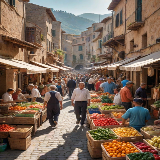 Sharp, high-resolution image of a bustling open-air market in a Mediterranean village, stalls lined with colorful fruits, vegetables, and spices, soft sunlight reflecting off the cobblestone street, the sound of vendors calling out to customers.