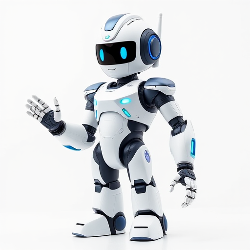 A humanoid robot with white and blue accents standing in a greeting pose, shot in high-resolution with a DSLR camera at f/2.8 aperture, ISO 100, 50mm lens, with a clean white background and soft lighting to enhance details and colors.