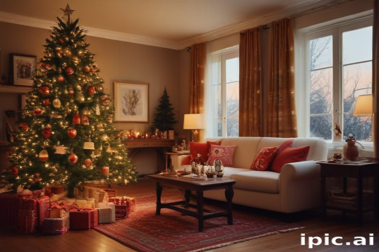 Cozy Living Room Decorated for Christmas with a Beautiful Tree and Gifts