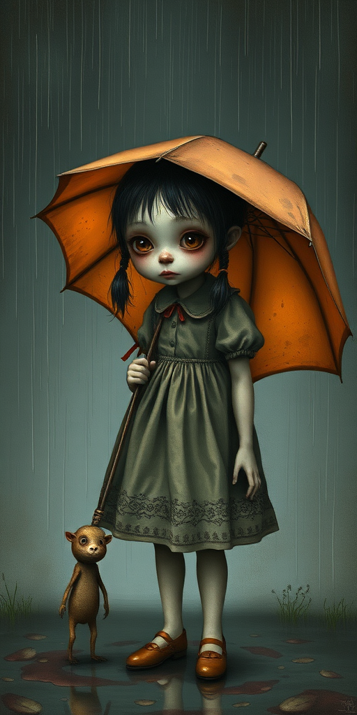 An eerie, weird little girl with dark hair in thin pigtails, wearing a smock dress, standing in the rain, holding a dirty orange umbrella, a small, odd creature beside her. In a surreal style inspired by Nicoletta Ceccoli and Brian Froud. Dark fantasy themes