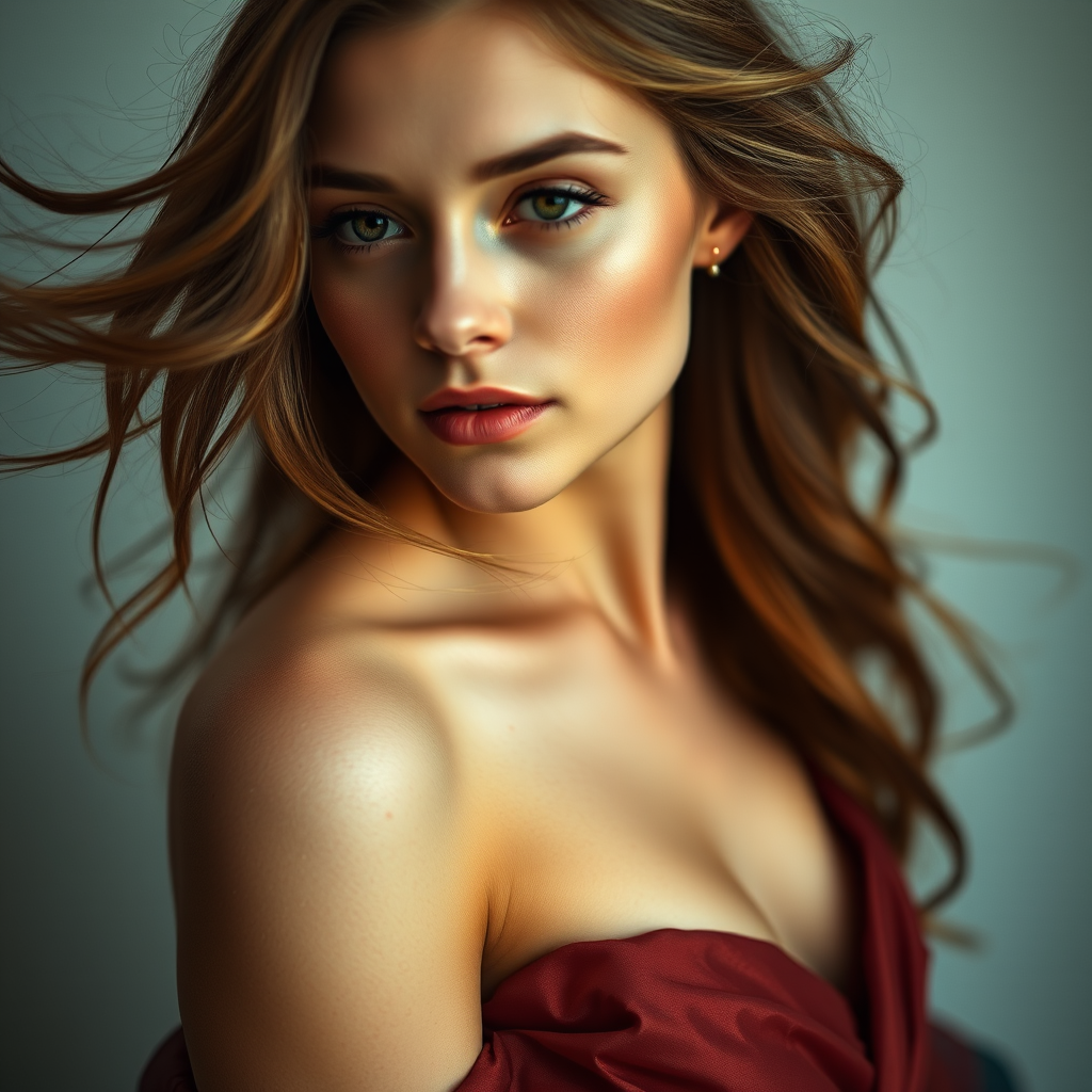 portrait of a woman with flowing hair in an elegant gown, soft diffused lighting, shallow depth of field, 50mm lens, f/1.8 aperture, ISO 100, high resolution, captured with a DSLR camera, focus on facial features and texture details.